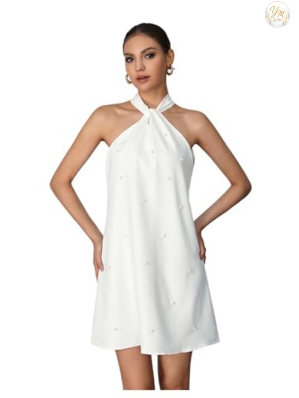 Pearl Beaded Halter Neck Sleeveless Tie Back Dress